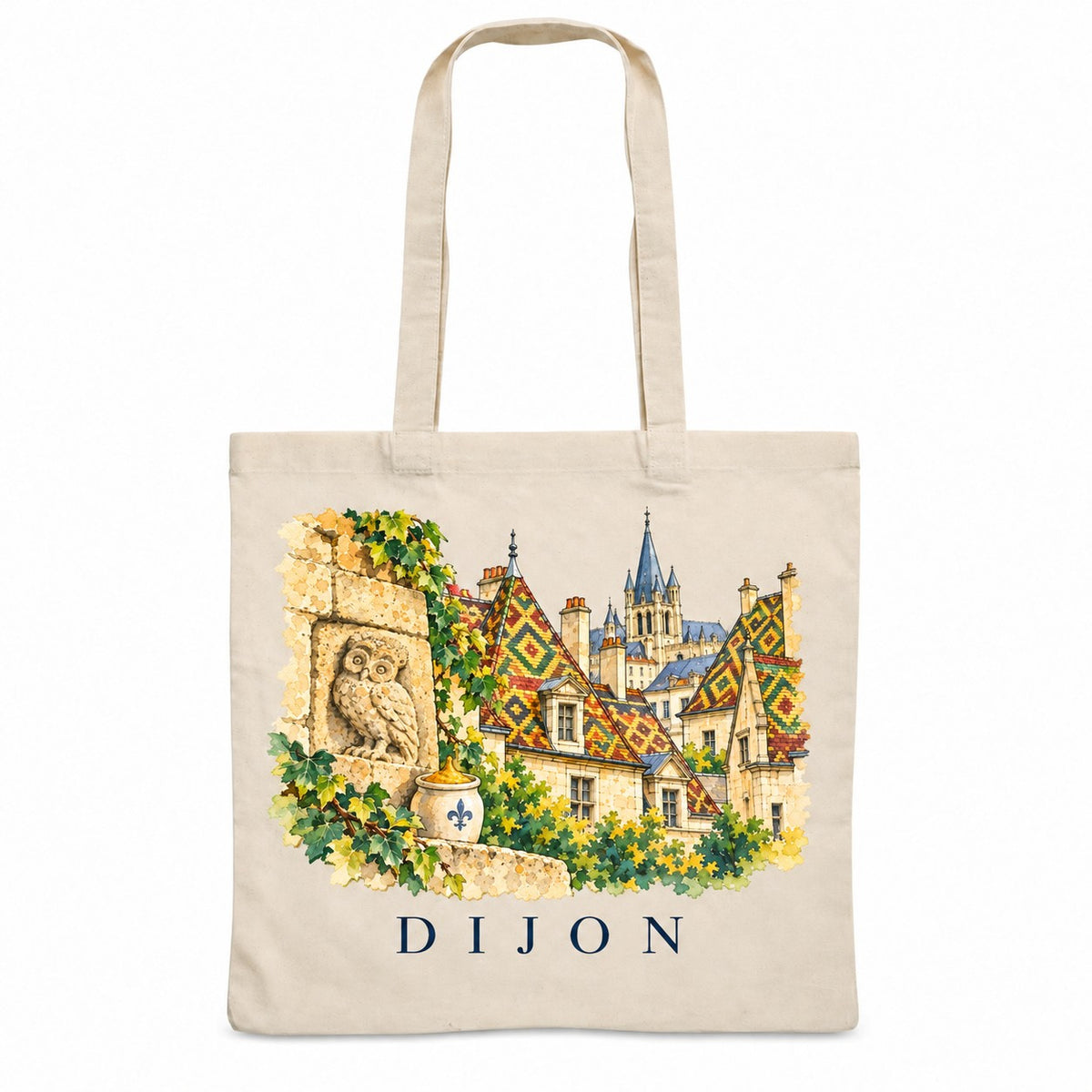 Tote bag Dijon Essentiel, sac plat en coton naturel 140 g/m² de 38 × 42 cm, illustration aquarelle de la chouette sculptée et des toits en tuiles vernissées