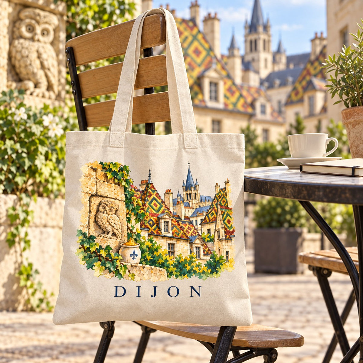 Tote bag Dijon Essentiel suspendu à une chaise en terrasse près de la chouette sculptée, avec un café