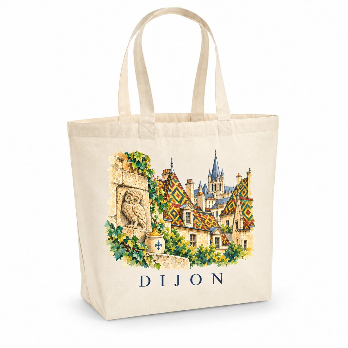 Tote bag Dijon Premium, cabas à soufflet en coton naturel 200 g/m² de 18 litres, illustration aquarelle de la chouette sculptée et des toits en tuiles vernissées