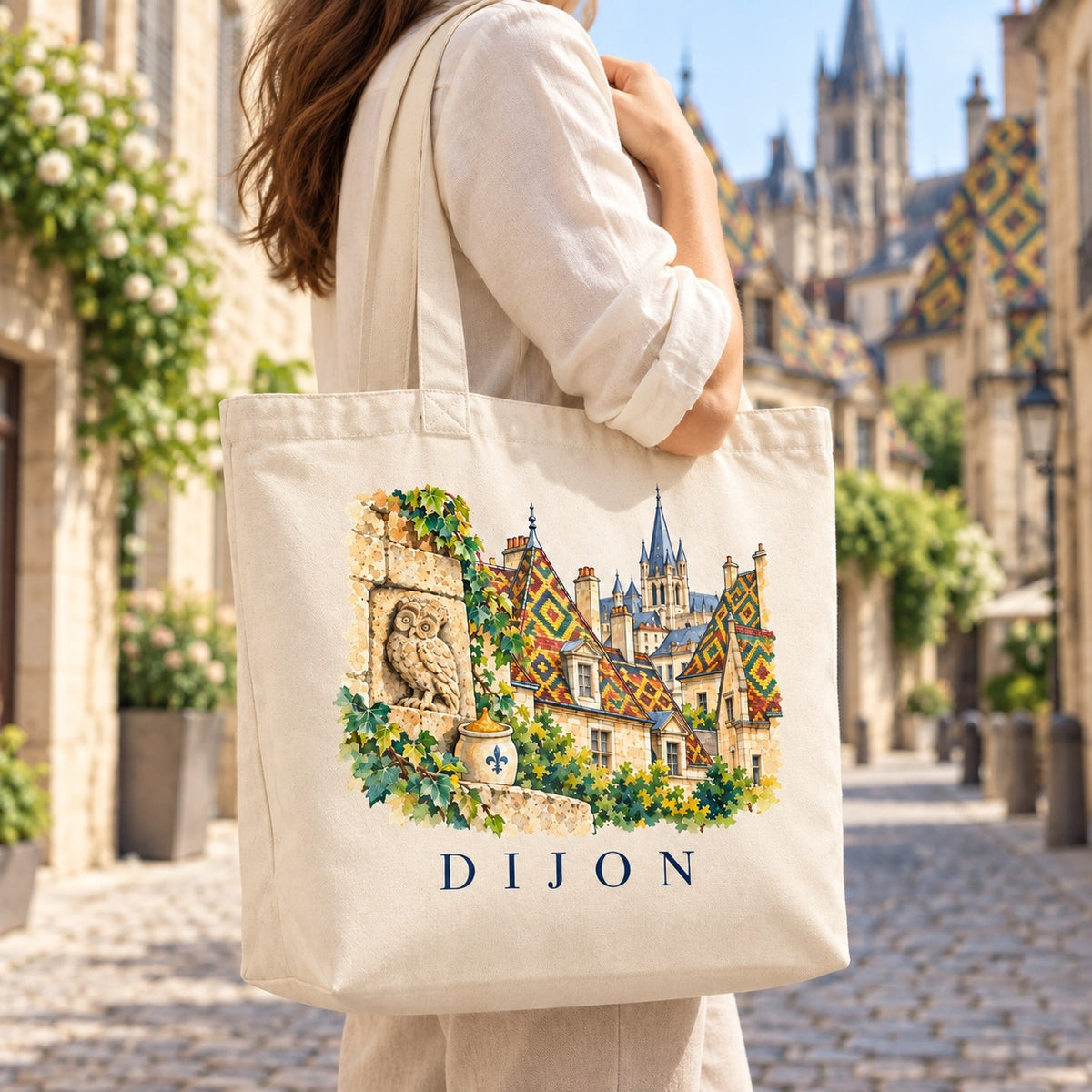 Tote bag Dijon Premium porté à l'épaule dans une ruelle du vieux Dijon aux toits vernissés