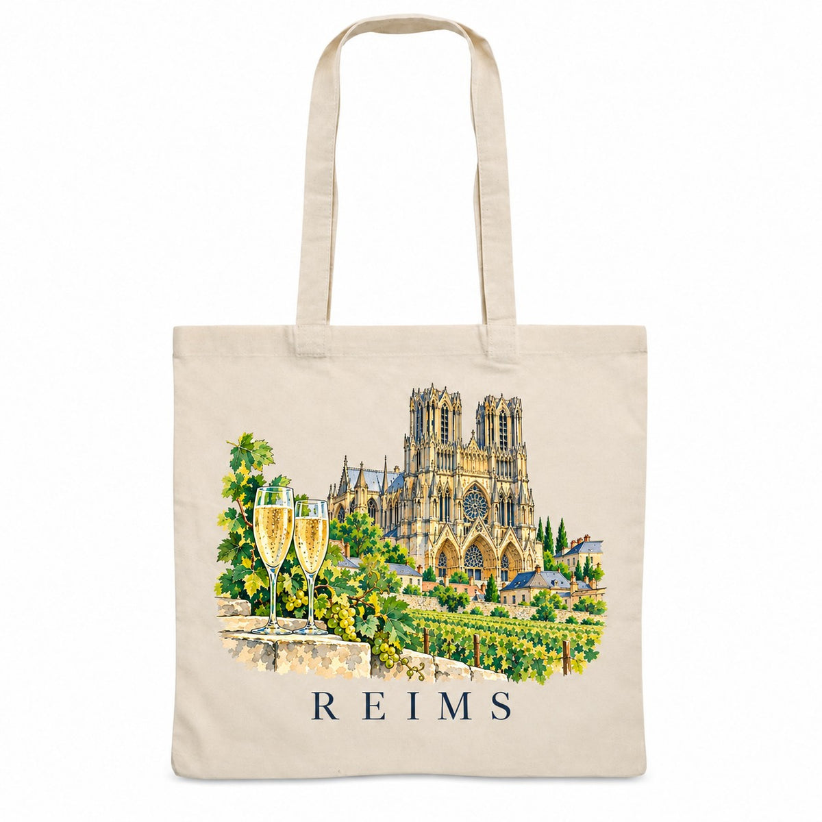 Tote bag Reims Essentiel, sac plat en coton naturel 140 g/m² de 38 × 42 cm, illustration aquarelle de la cathédrale, des vignes et des coupes pétillantes