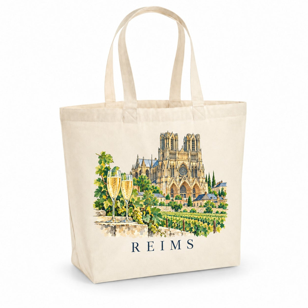 Tote bag Reims Premium, cabas à soufflet en coton naturel 200 g/m² de 18 litres, illustration aquarelle de la cathédrale, des vignes et des coupes pétillantes
