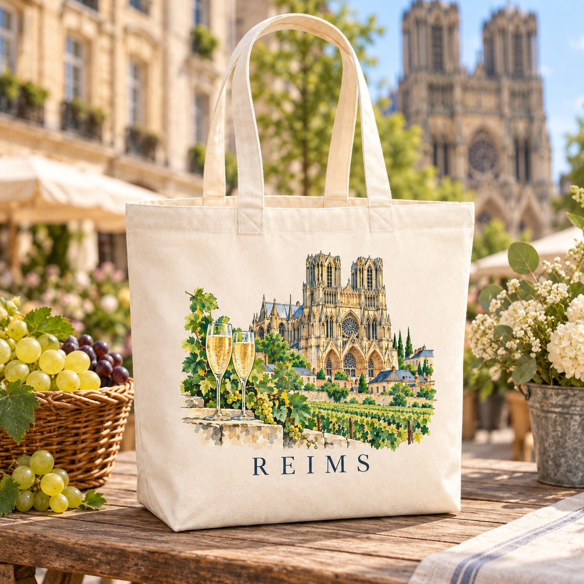 Tote bag Reims Premium posé sur un étal de marché avec des raisins et des fleurs