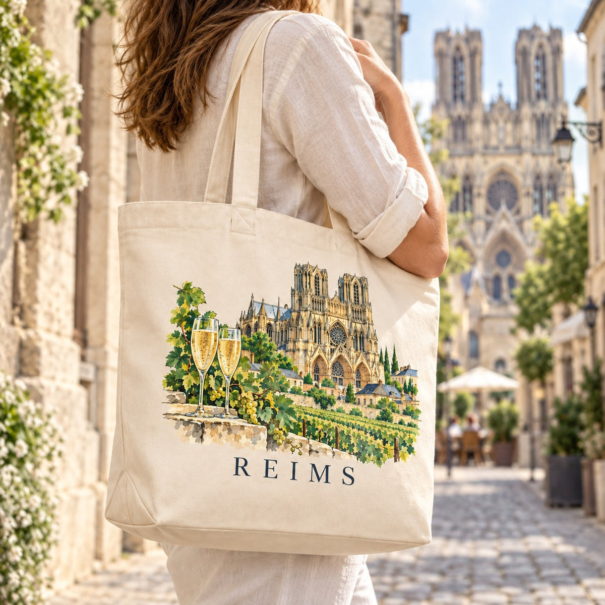 Tote bag Reims Premium porté à l'épaule dans une rue pavée, cathédrale en arrière-plan