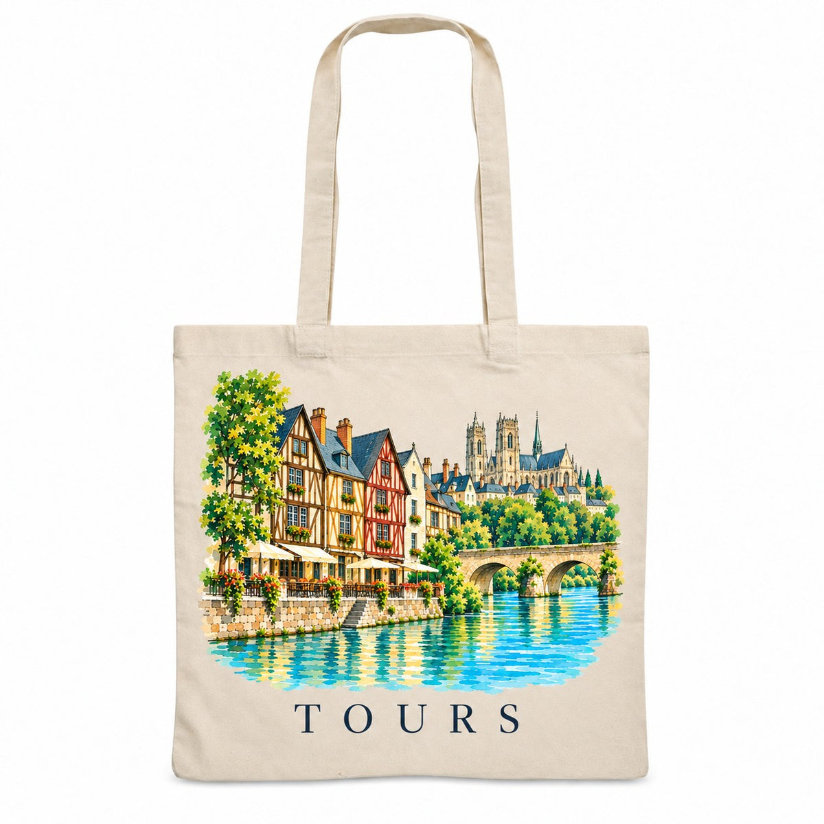 Tote bag Tours Essentiel, sac plat en coton naturel 140 g/m² de 38 × 42 cm, illustration aquarelle des maisons à pans de bois de la place Plumereau et de la Loire