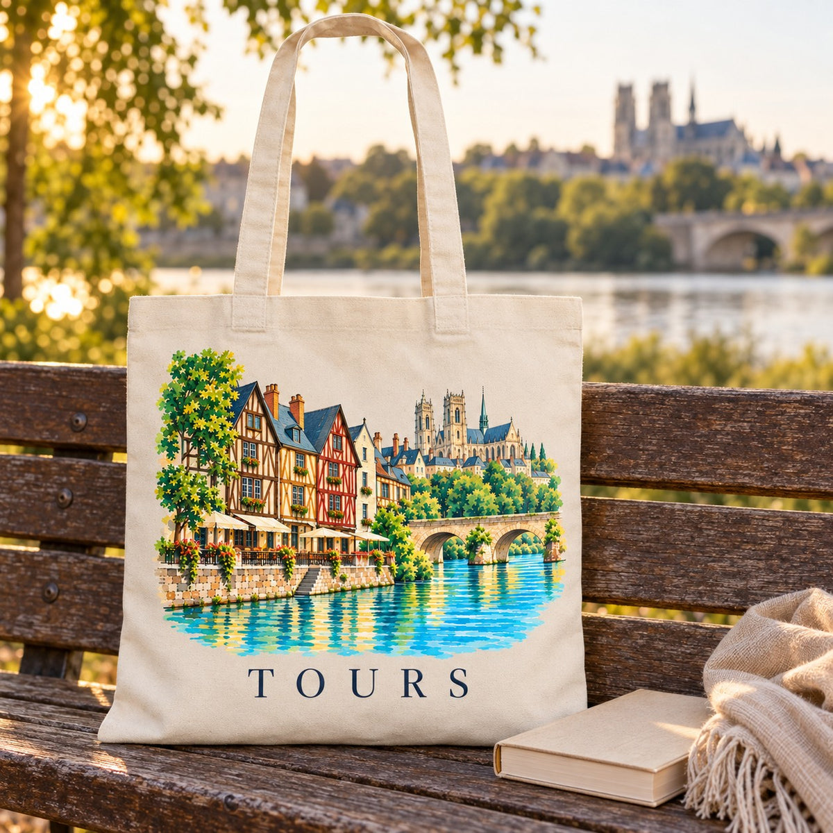 Tote bag Tours Essentiel posé sur un banc au bord de la Loire, avec un livre
