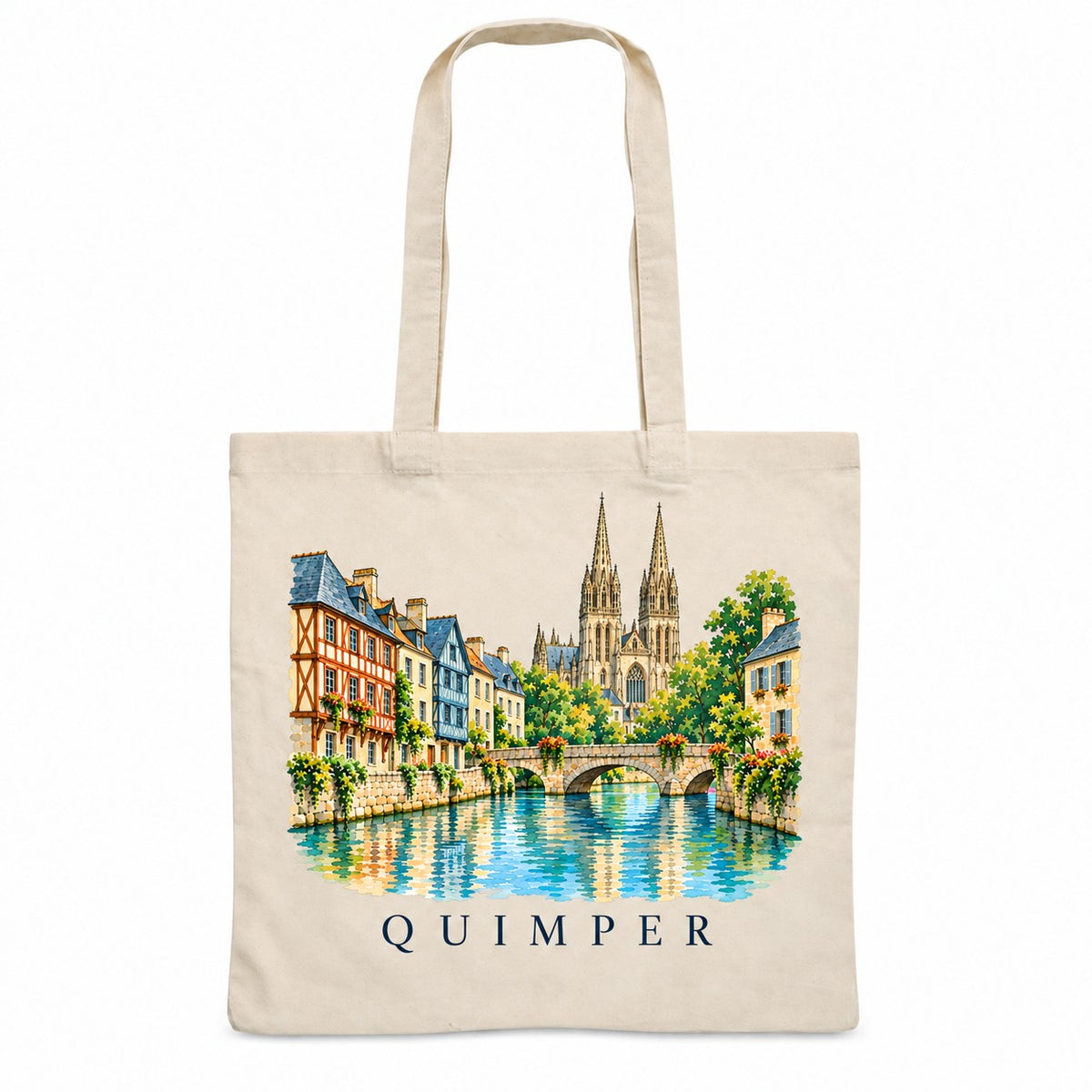 Tote bag Quimper Essentiel, sac plat en coton naturel 140 g/m² de 38 × 42 cm, illustration aquarelle de la cathédrale aux deux flèches, des maisons à colombages et de l'Odet