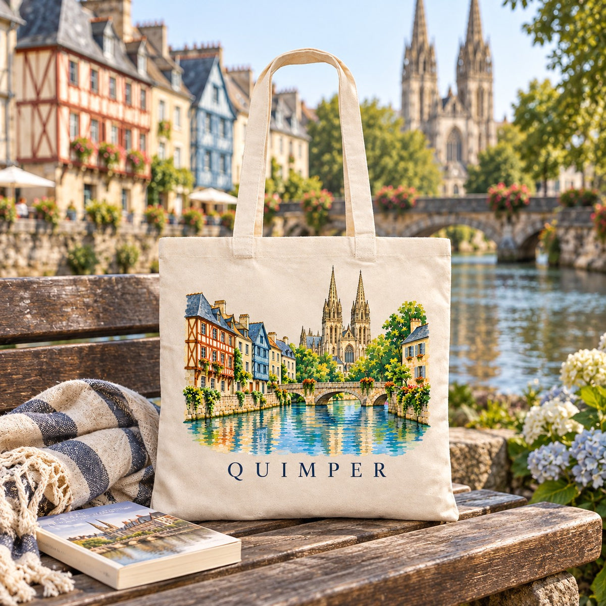 Tote bag Quimper Essentiel posé sur un banc au bord de l'Odet, avec un livre et un plaid