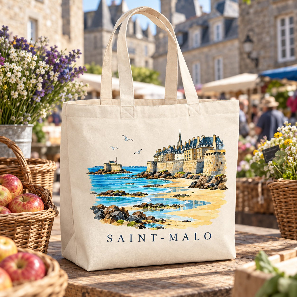 Tote bag Saint-Malo Premium posé sur un étal de marché avec des pommes et des fleurs