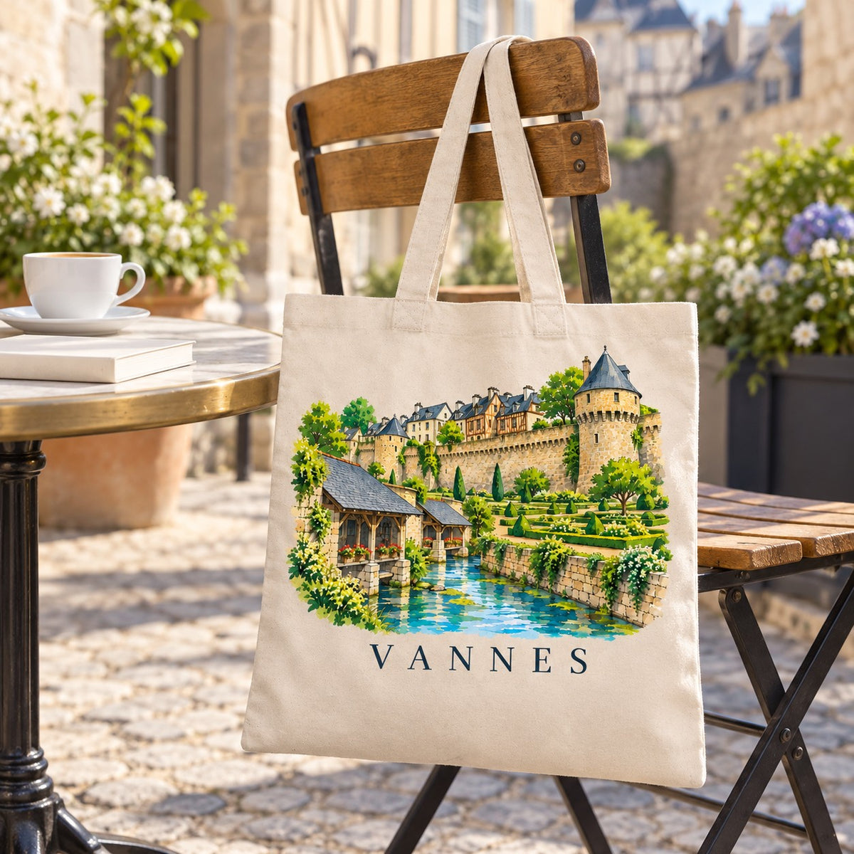 Tote bag Vannes Essentiel suspendu à une chaise en terrasse de café près des remparts