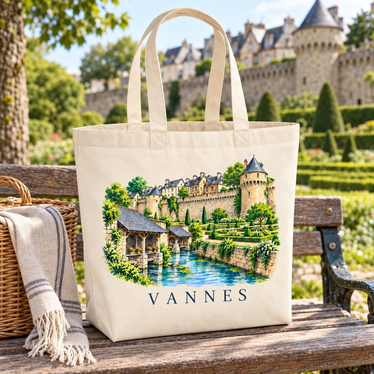 Tote bag Vannes Premium posé sur un banc dans les jardins des remparts, avec un plaid