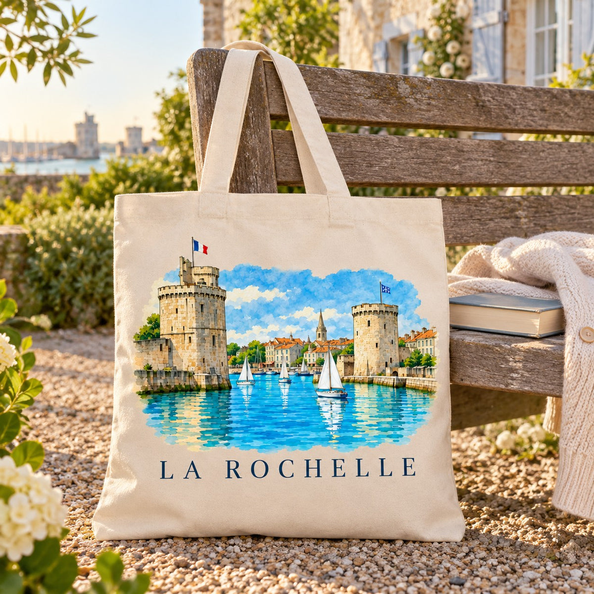 Tote bag La Rochelle Essentiel posé sur un banc de jardin, avec un livre