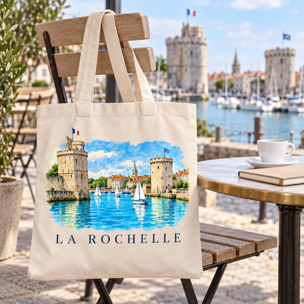 Tote bag La Rochelle Essentiel suspendu à une chaise en terrasse face au Vieux-Port et aux tours