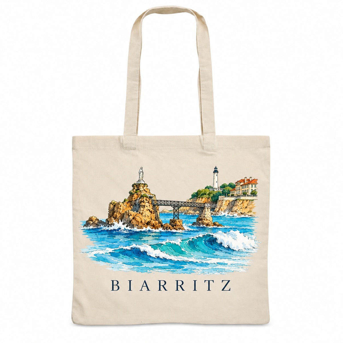 Tote bag Biarritz Essentiel, sac plat en coton naturel 140 g/m² de 38 × 42 cm, illustration aquarelle du rocher de la Vierge, du phare et des vagues