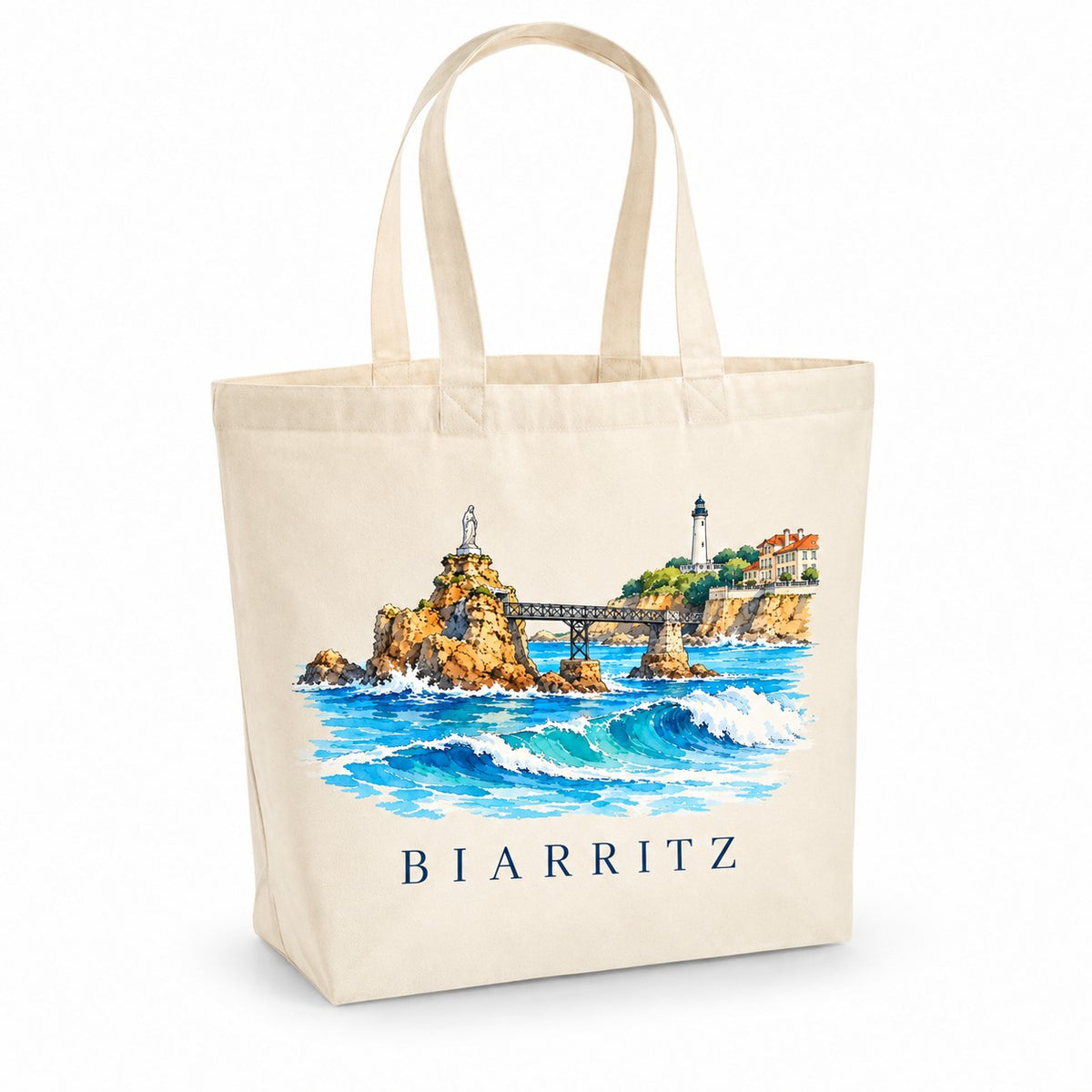 Tote bag Biarritz Premium, cabas à soufflet en coton naturel 200 g/m² de 18 litres, illustration aquarelle du rocher de la Vierge, du phare et des vagues
