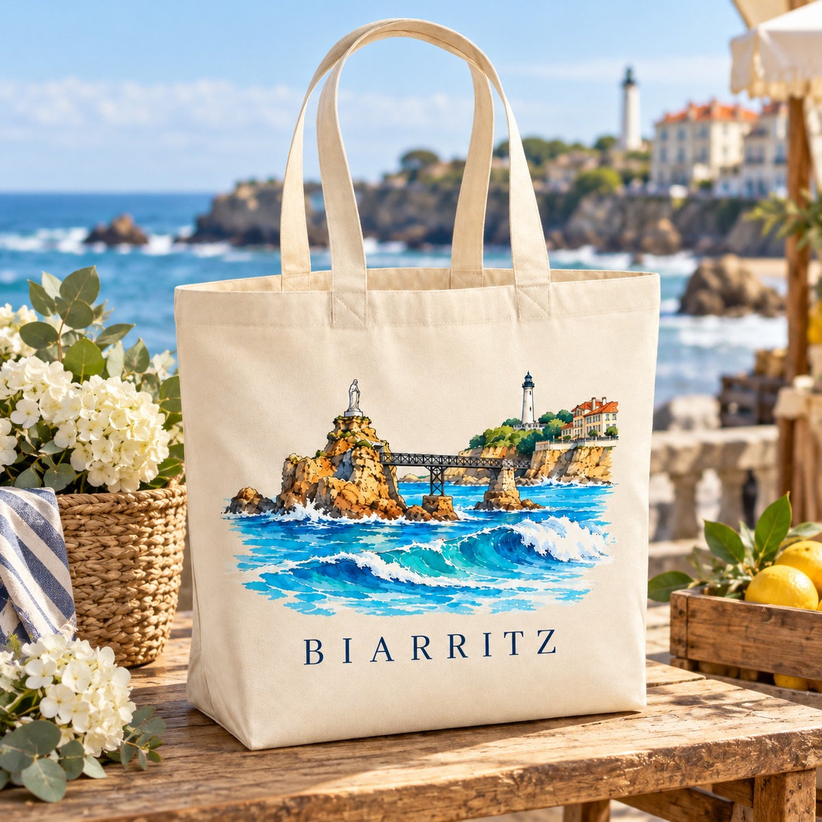 Tote bag Biarritz Premium posé sur une table face à la plage, avec des fleurs et des citrons