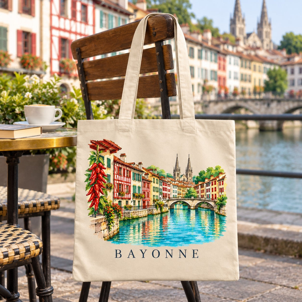 Tote bag Bayonne Essentiel suspendu à une chaise en terrasse au bord de la Nive, avec un café