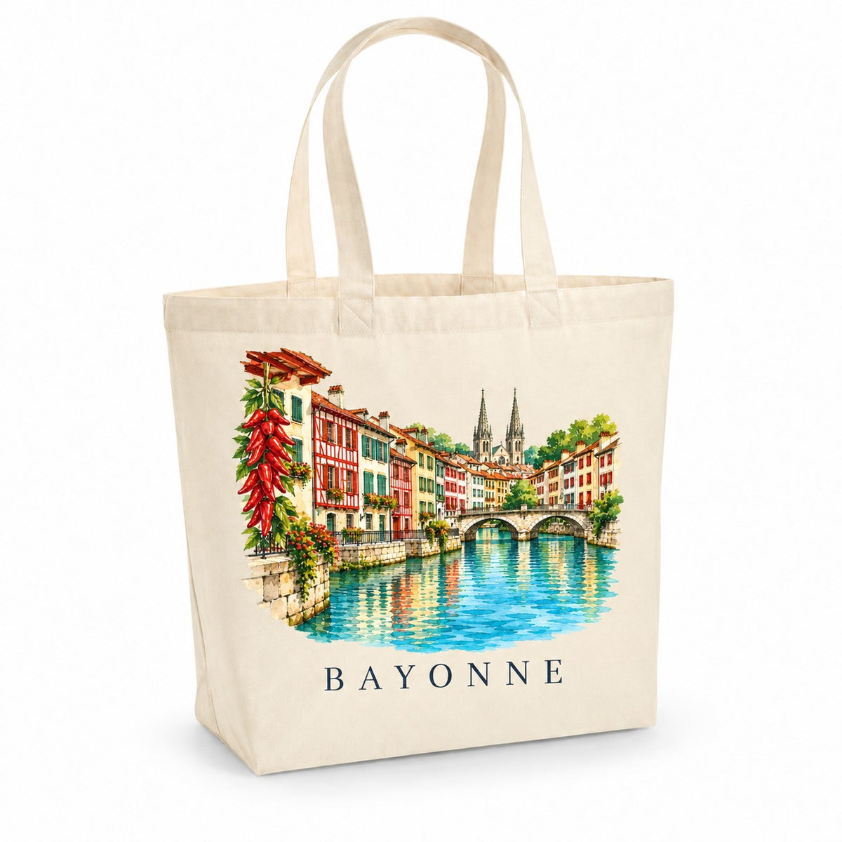 Tote bag Bayonne Premium, cabas à soufflet en coton naturel 200 g/m² de 18 litres, illustration aquarelle des maisons basques colorées, de la Nive et des piments