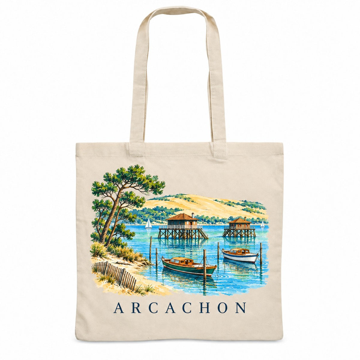 Tote bag Arcachon Essentiel, sac plat en coton naturel 140 g/m² de 38 × 42 cm, illustration aquarelle des cabanes tchanquées, des pinasses et de la dune du Pilat