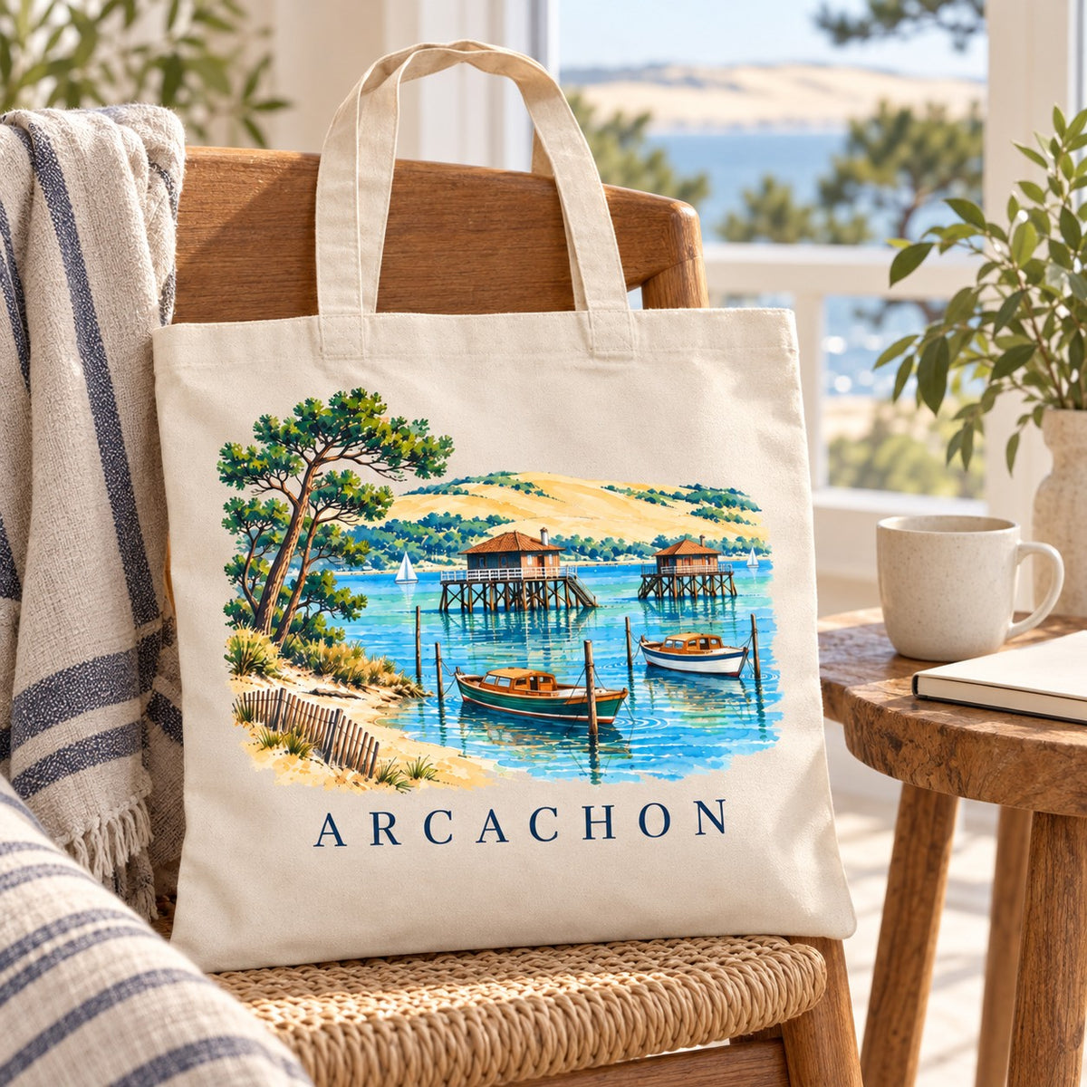 Tote bag Arcachon Essentiel posé sur une chaise près d'une fenêtre, avec une tasse