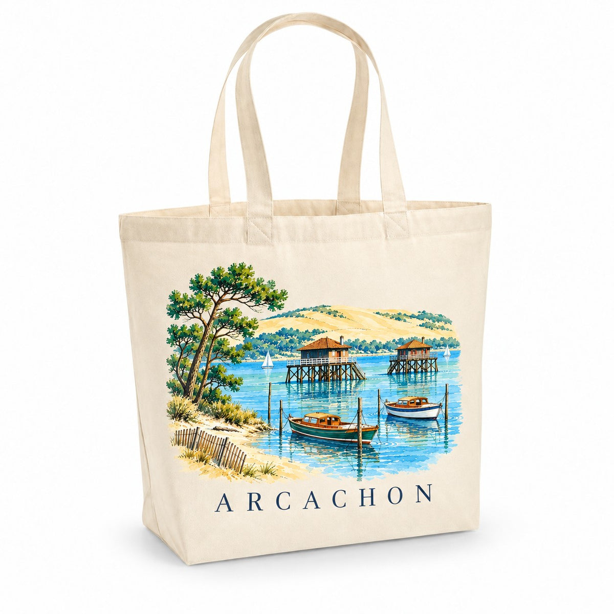 Tote bag Arcachon Premium, cabas à soufflet en coton naturel 200 g/m² de 18 litres, illustration aquarelle des cabanes tchanquées, des pinasses et de la dune du Pilat