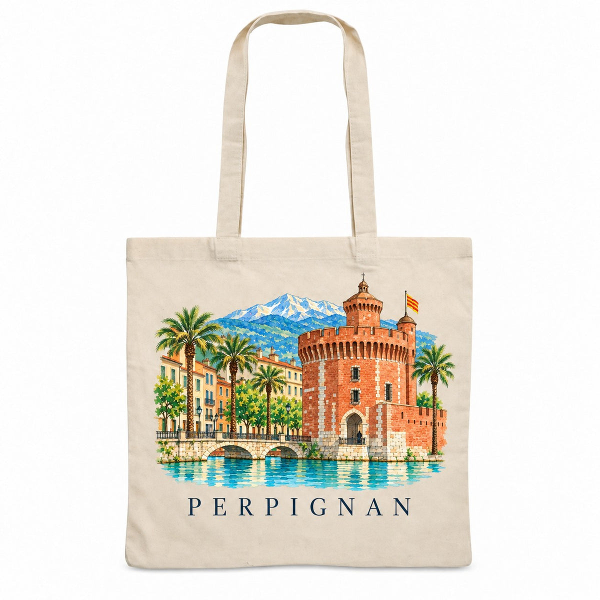 Tote bag Perpignan Essentiel, sac plat en coton naturel 140 g/m² de 38 × 42 cm, illustration aquarelle du Castillet, des palmiers et du Canigou