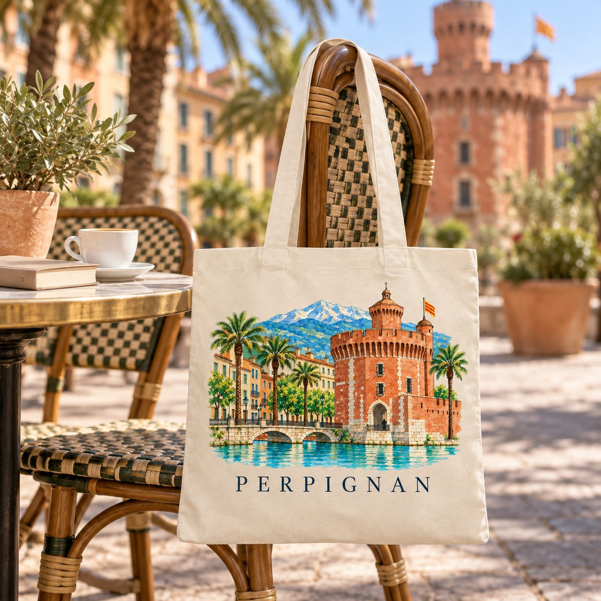 Tote bag Perpignan Essentiel suspendu à une chaise en terrasse face au Castillet, avec un café