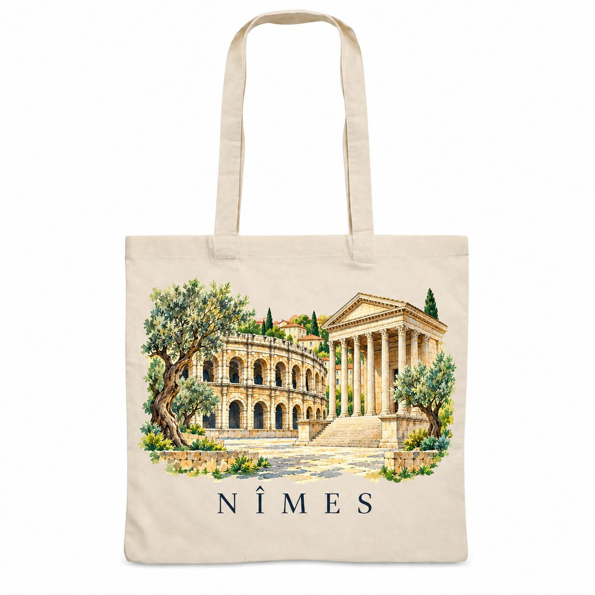 Tote bag Nîmes Essentiel, sac plat en coton naturel 140 g/m² de 38 × 42 cm, illustration aquarelle des arènes, de la Maison carrée et des oliviers