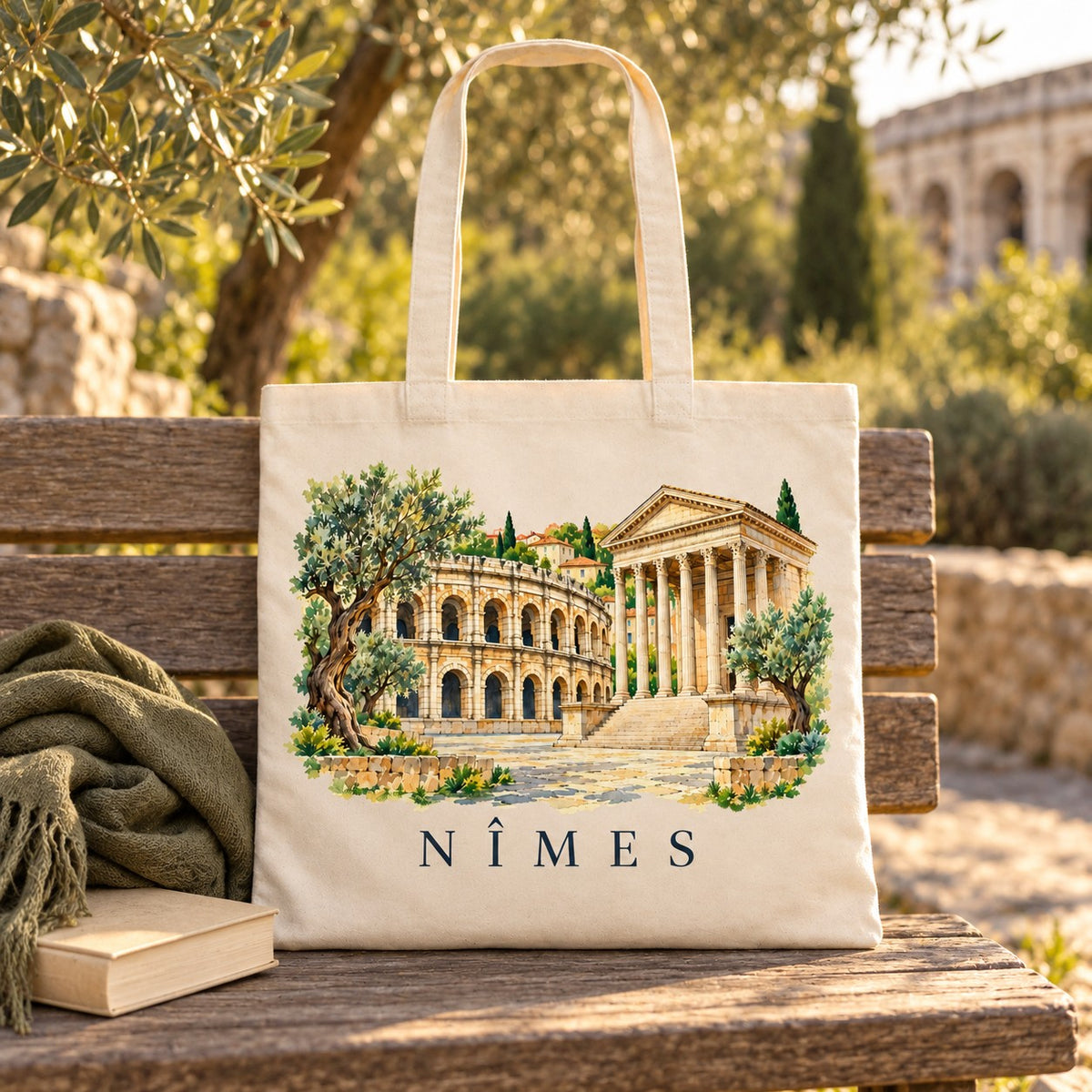 Tote bag Nîmes Essentiel posé sur un banc à l'ombre des oliviers, avec un livre et un plaid
