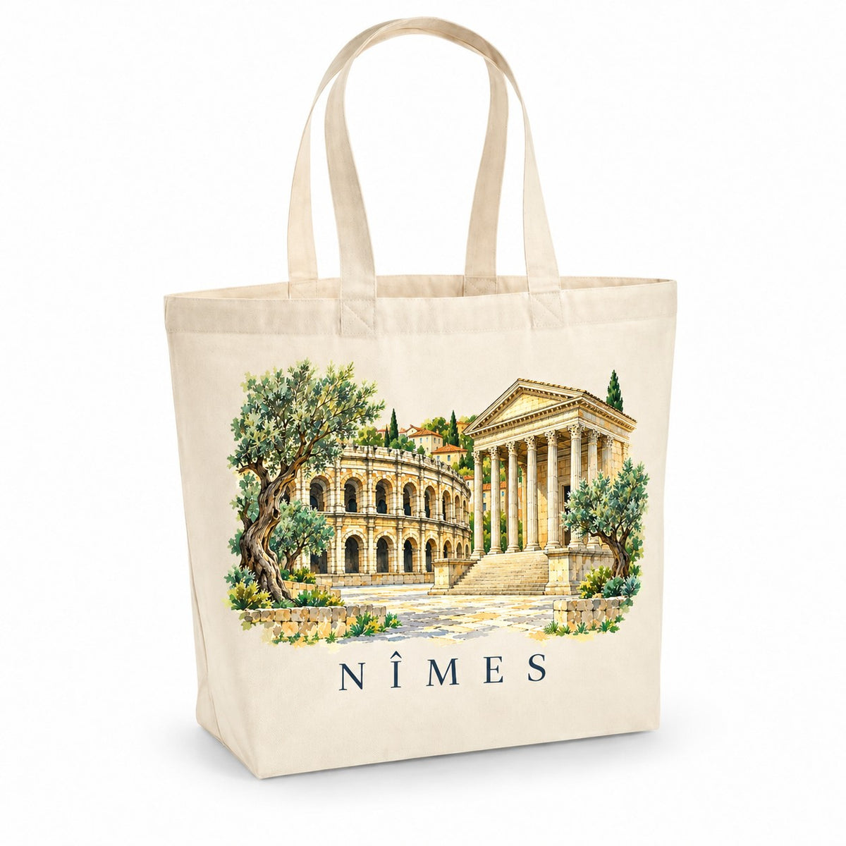 Tote bag Nîmes Premium, cabas à soufflet en coton naturel 200 g/m² de 18 litres, illustration aquarelle des arènes, de la Maison carrée et des oliviers