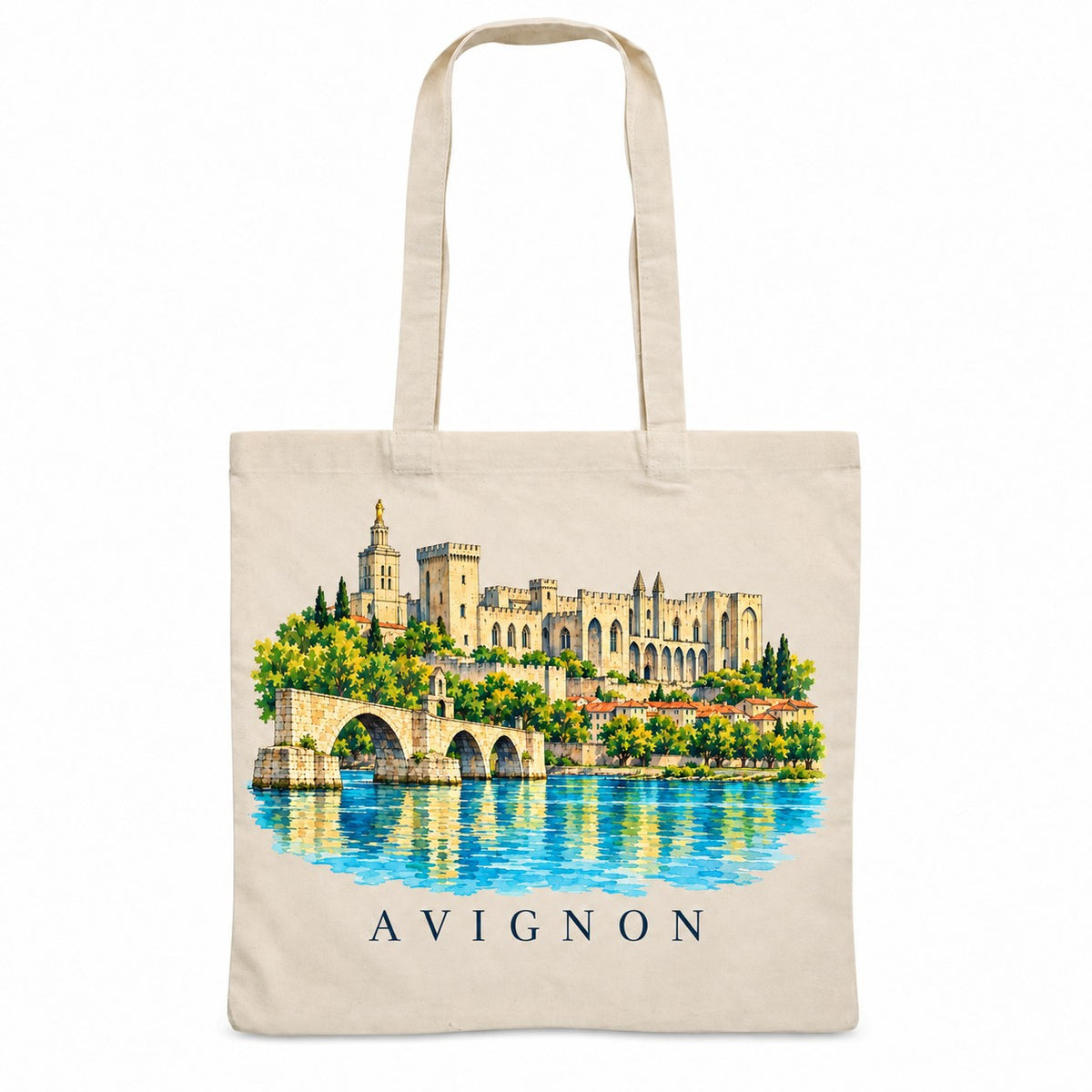 Tote bag Avignon Essentiel, sac plat en coton naturel 140 g/m² de 38 × 42 cm, illustration aquarelle du palais des Papes, du pont Saint-Bénézet et du Rhône