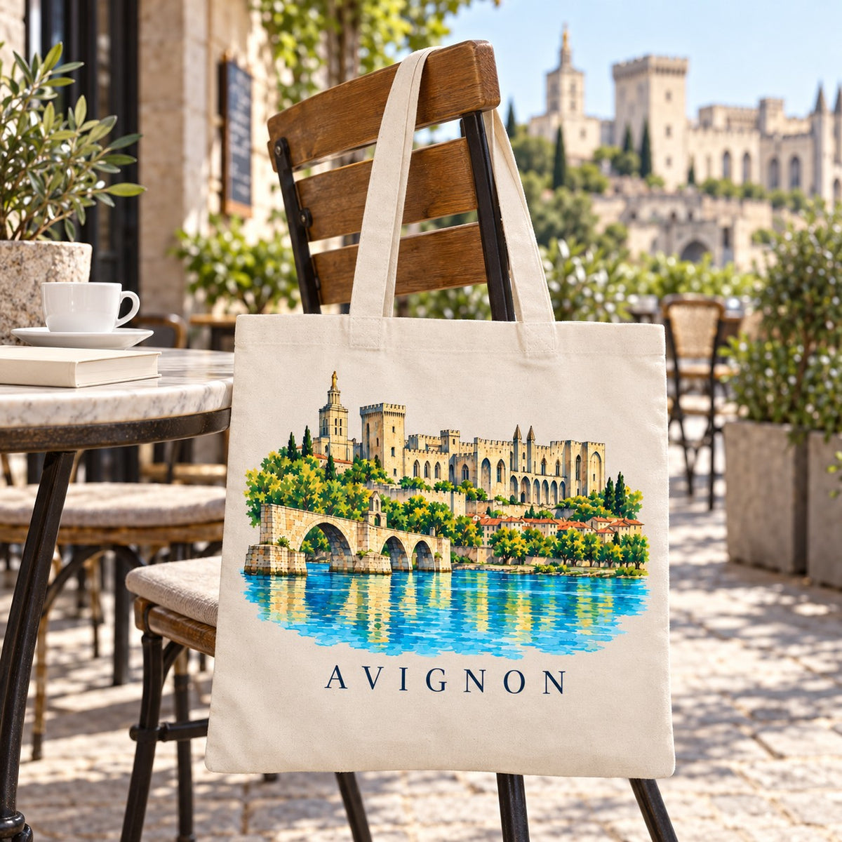 Tote bag Avignon Essentiel suspendu à une chaise en terrasse de café dans une ruelle ombragée