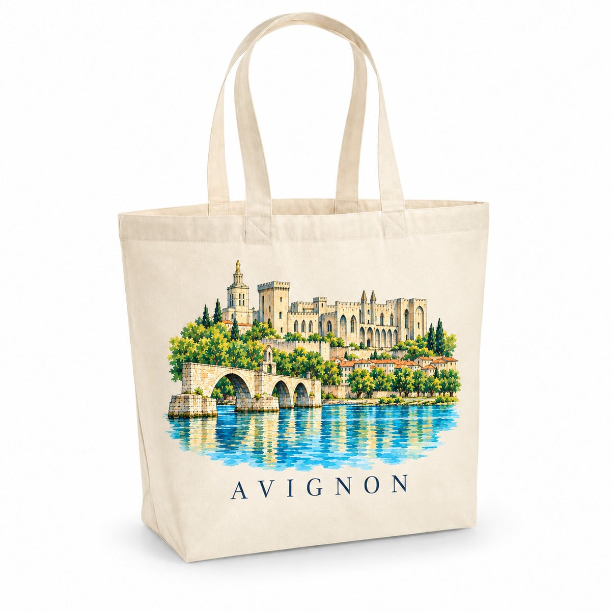 Tote bag Avignon Premium, cabas à soufflet en coton naturel 200 g/m² de 18 litres, illustration aquarelle du palais des Papes, du pont Saint-Bénézet et du Rhône
