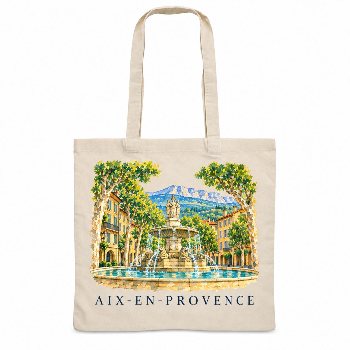 Tote bag Aix-en-Provence Essentiel, sac plat en coton naturel 140 g/m² de 38 × 42 cm, illustration aquarelle de la fontaine de la Rotonde, des platanes et de la montagne Sainte-Victoire