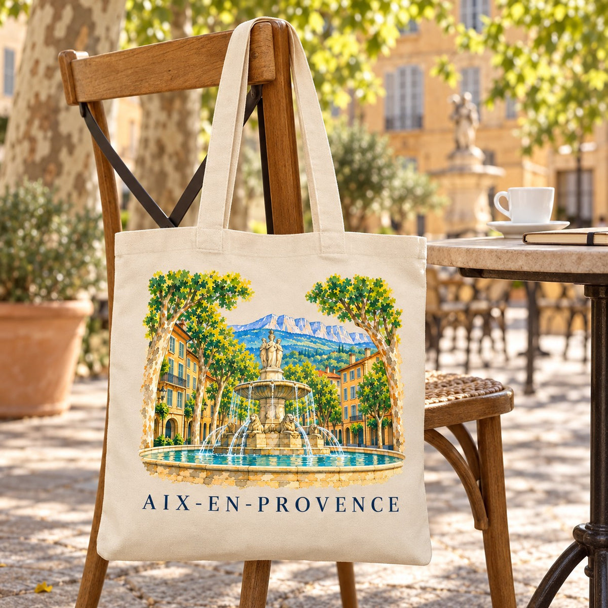 Tote bag Aix-en-Provence Essentiel suspendu à une chaise en terrasse face à une fontaine, avec un café
