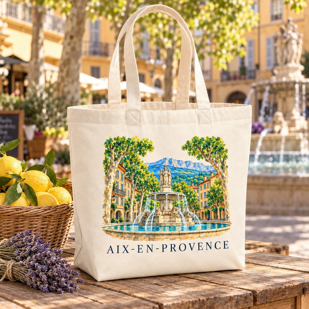 Tote bag Aix-en-Provence Premium posé sur un étal de marché avec des citrons et de la lavande