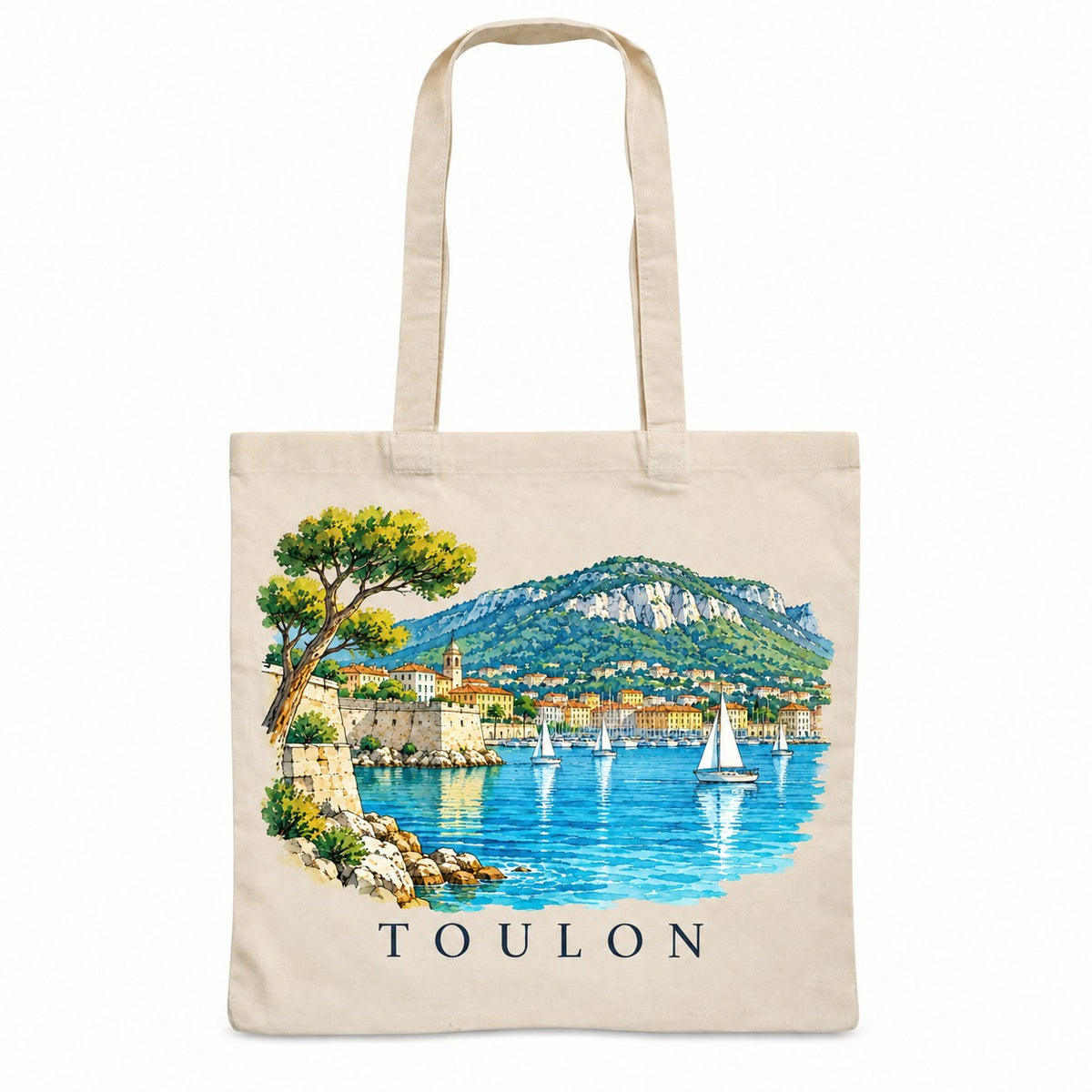 Tote bag Toulon Essentiel, sac plat en coton naturel 140 g/m² de 38 × 42 cm, illustration aquarelle de la rade, du mont Faron et des voiliers