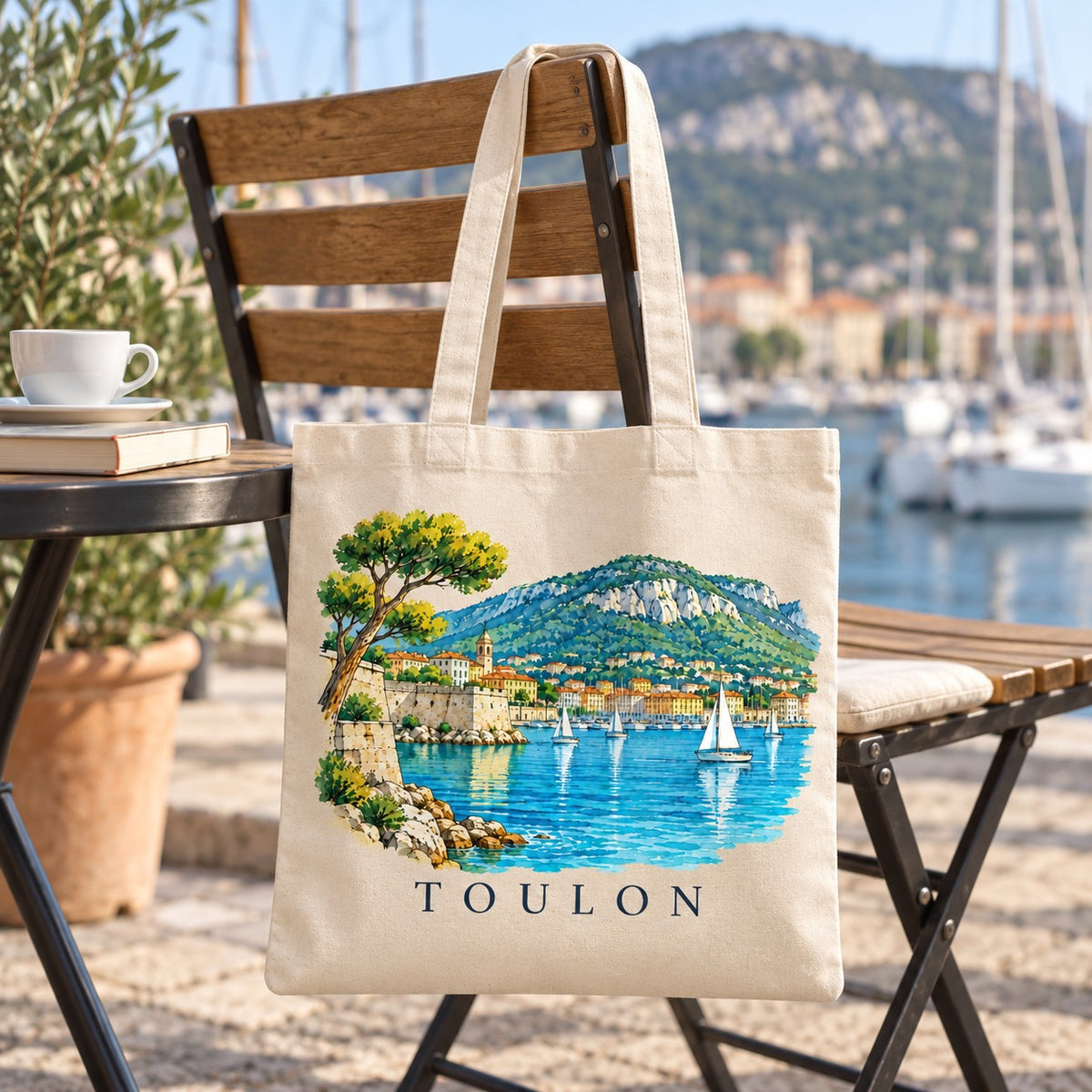 Tote bag Toulon Essentiel suspendu à une chaise en terrasse face au port et au mont Faron