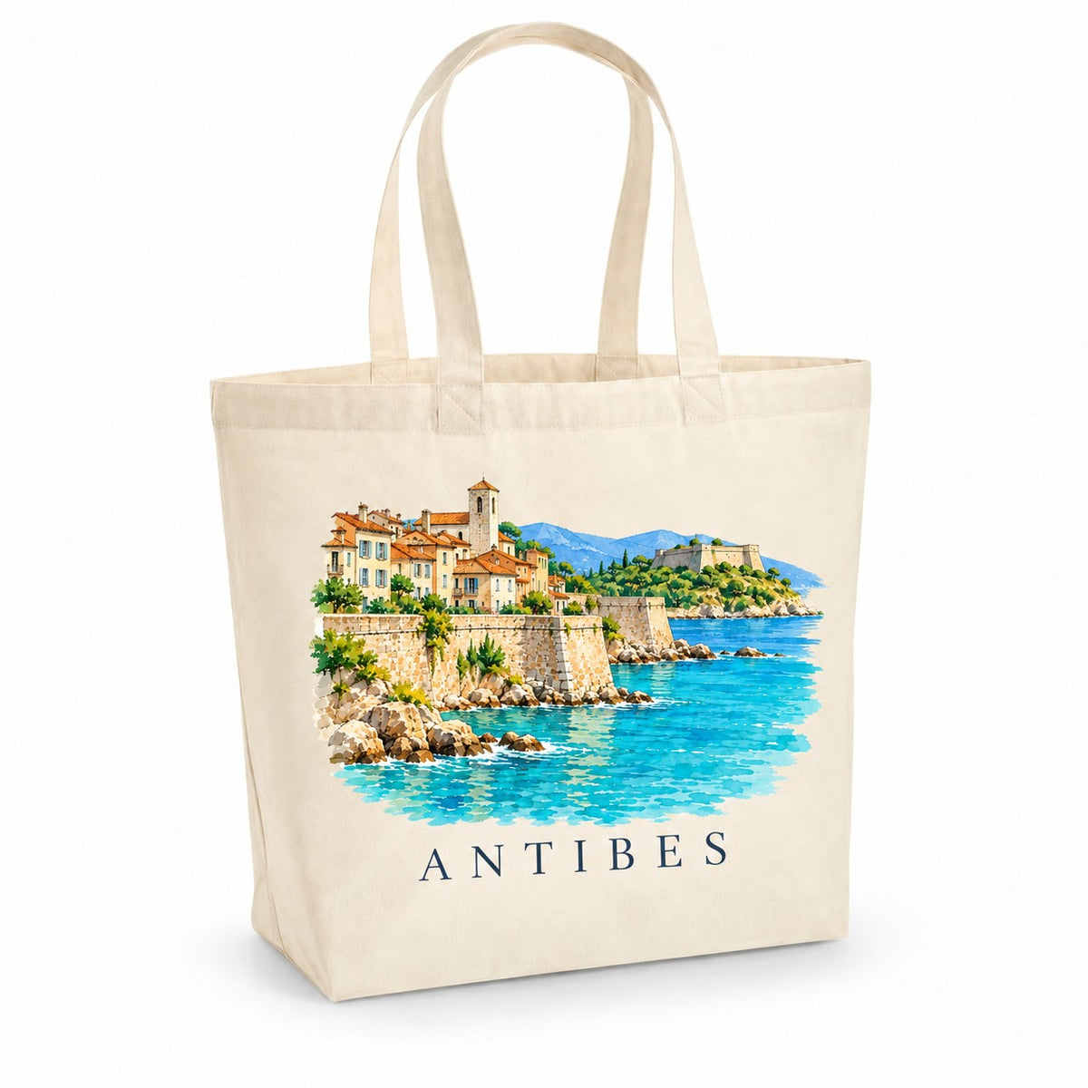 Tote bag Antibes Premium, cabas à soufflet en coton naturel 200 g/m² de 18 litres, illustration aquarelle des remparts, de la vieille ville et de la mer turquoise