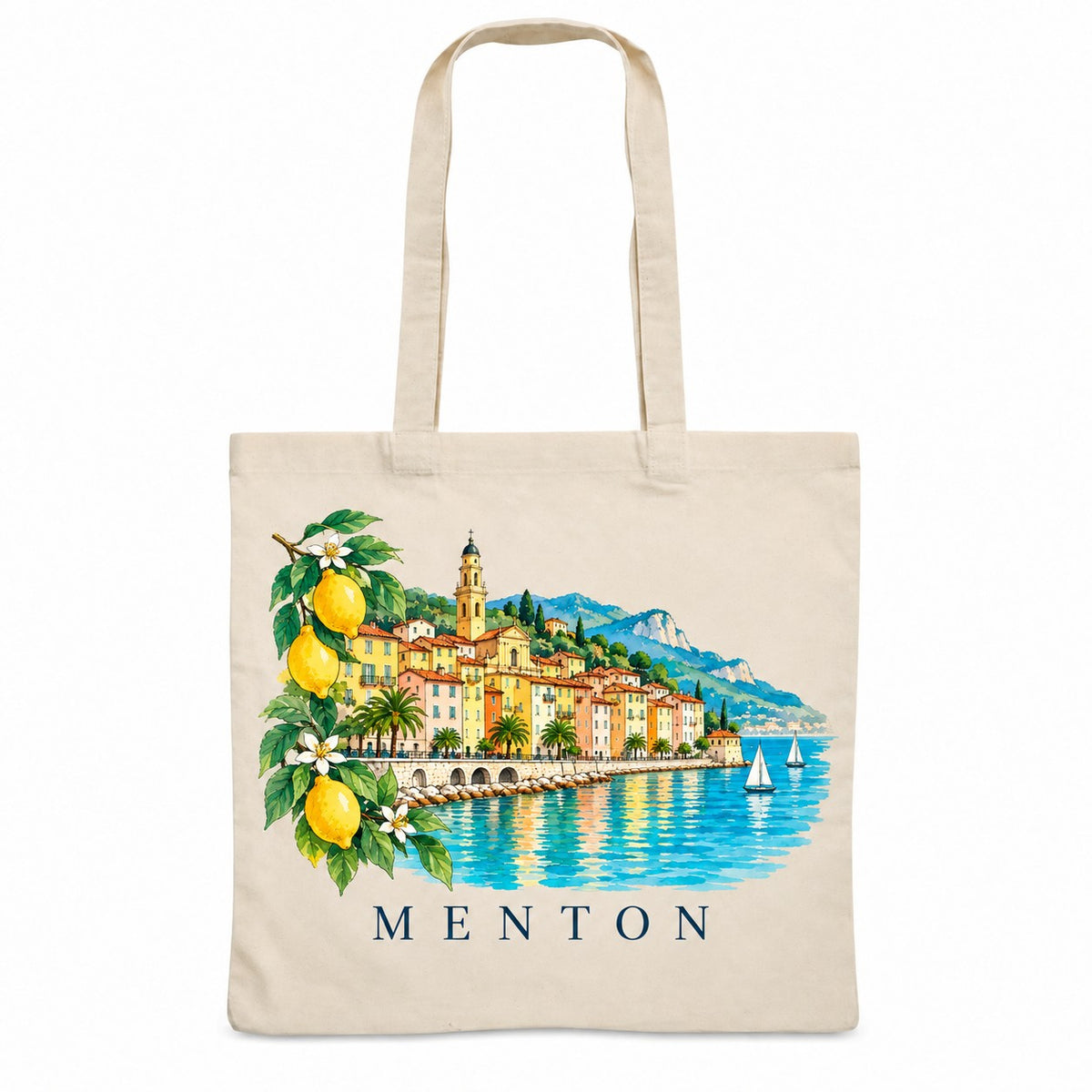 Tote bag Menton Essentiel, sac plat en coton naturel 140 g/m² de 38 × 42 cm, illustration aquarelle de la vieille ville colorée, de la mer et des citrons
