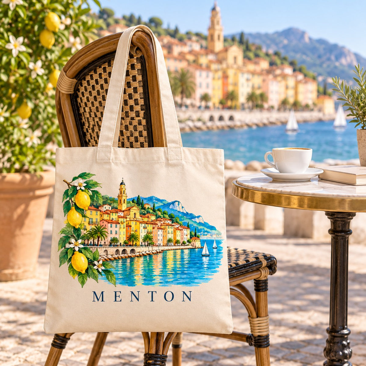 Tote bag Menton Essentiel suspendu à une chaise en terrasse face à la mer, avec un café