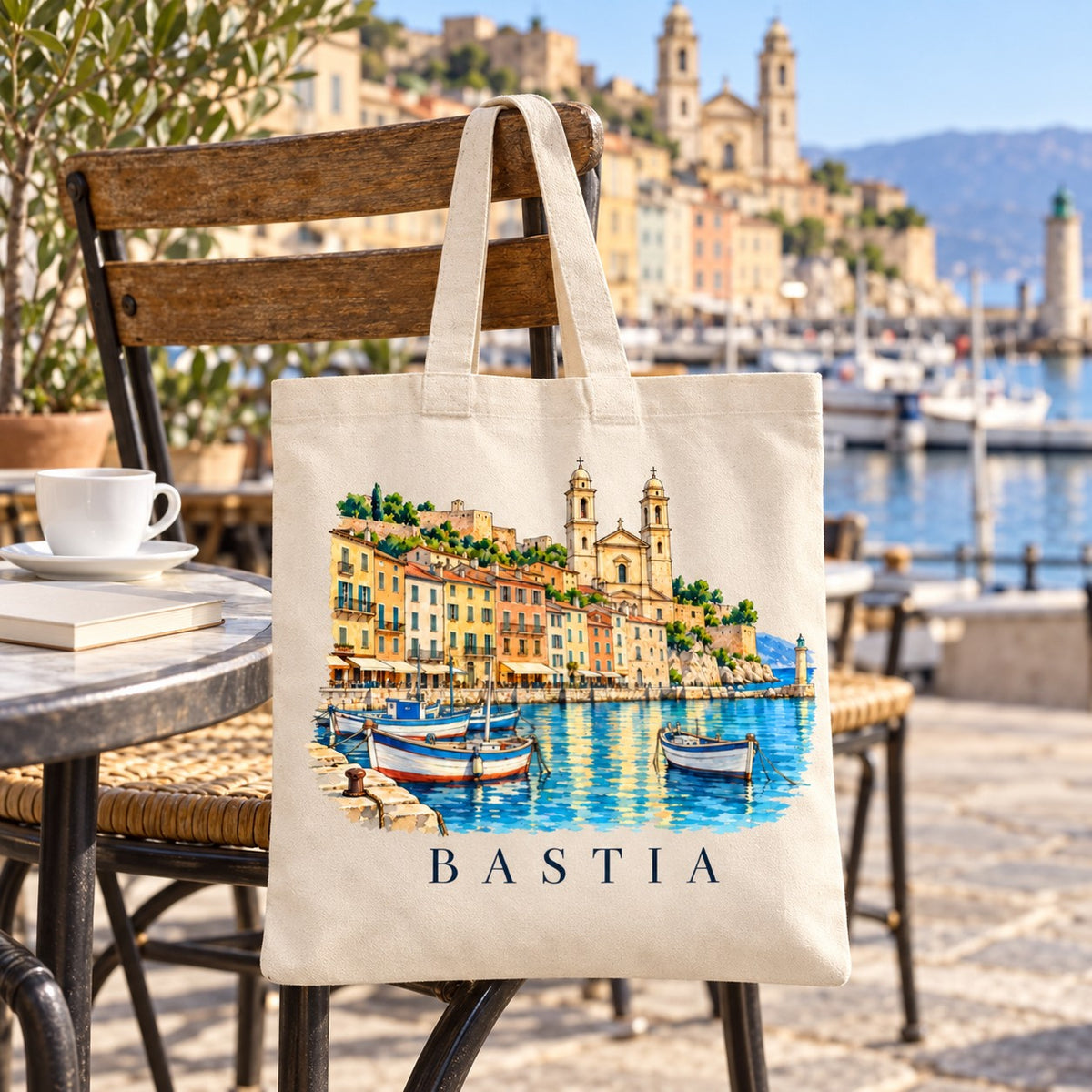 Tote bag Bastia Essentiel suspendu à une chaise en terrasse face au Vieux-Port, avec un café