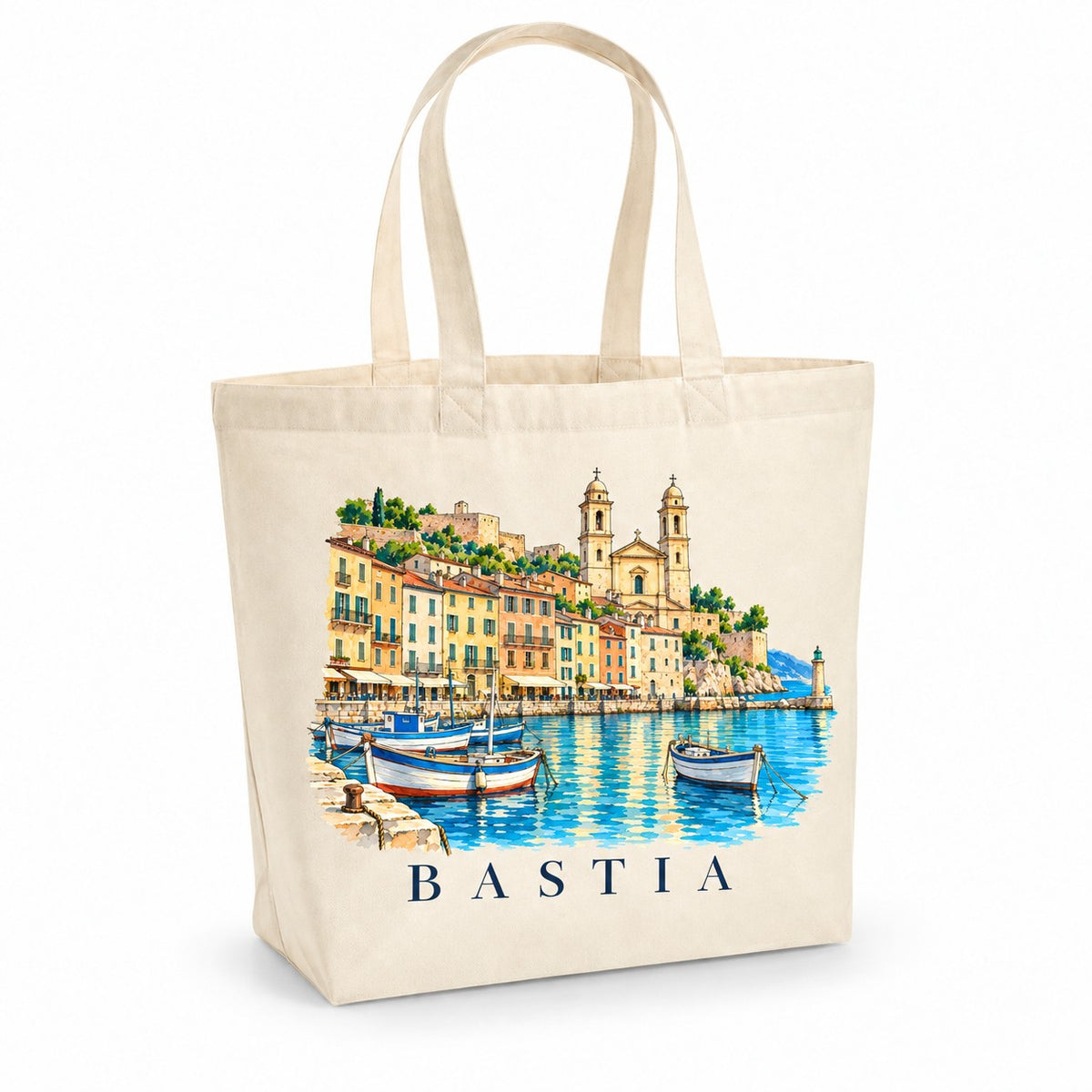 Tote bag Bastia Premium, cabas à soufflet en coton naturel 200 g/m² de 18 litres, illustration aquarelle du Vieux-Port, de l'église aux deux clochers et des barques