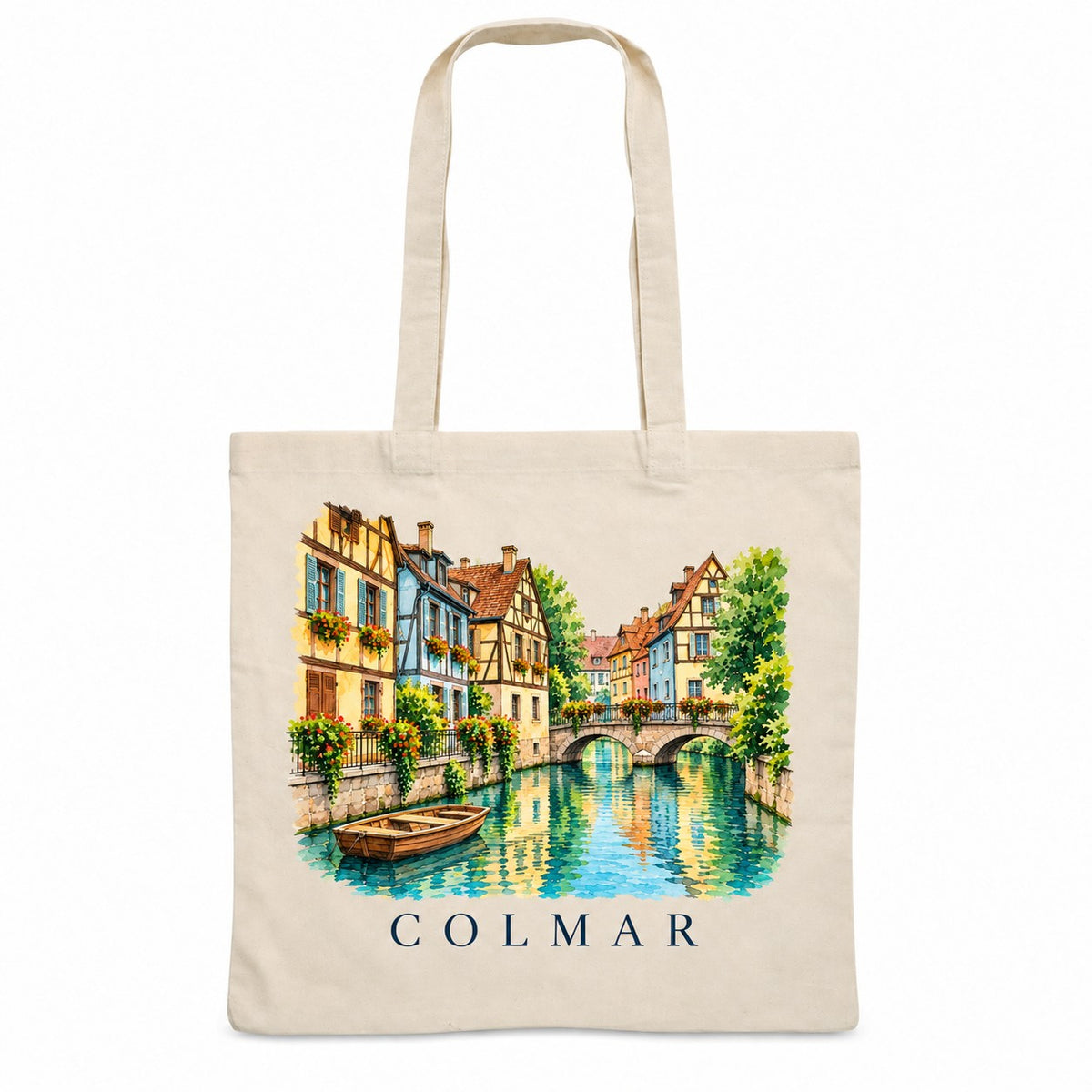 Tote bag Colmar Essentiel, sac plat en coton naturel 140 g/m² de 38 × 42 cm, illustration aquarelle de la Petite Venise et des maisons à colombages