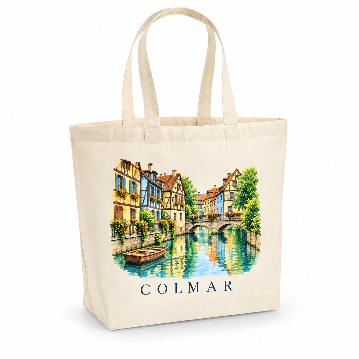 Tote bag Colmar Premium, cabas à soufflet en coton naturel 200 g/m² de 18 litres, illustration aquarelle de la Petite Venise et des maisons à colombages