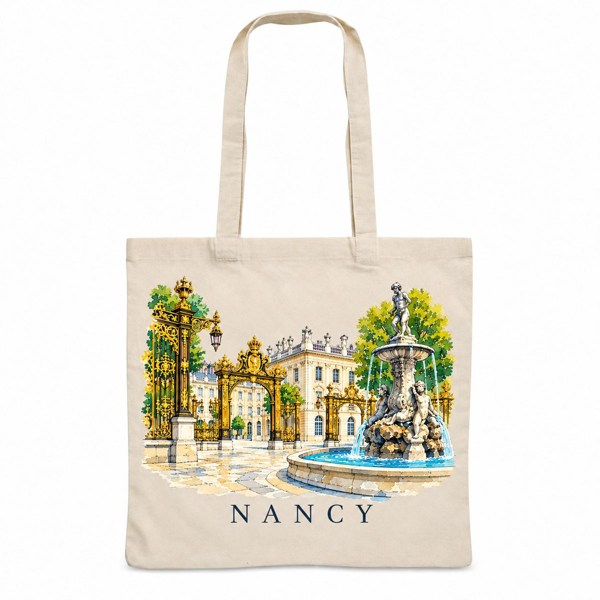 Tote bag Nancy Essentiel, sac plat en coton naturel 140 g/m² de 38 × 42 cm, illustration aquarelle de la place Stanislas, de ses grilles dorées et de sa fontaine