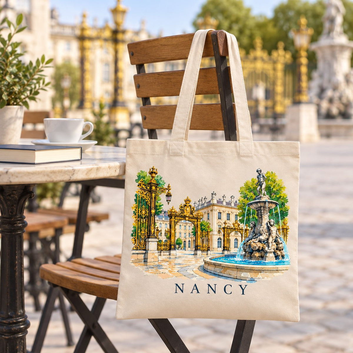 Tote bag Nancy Essentiel suspendu à une chaise en terrasse sur la place Stanislas, avec un café