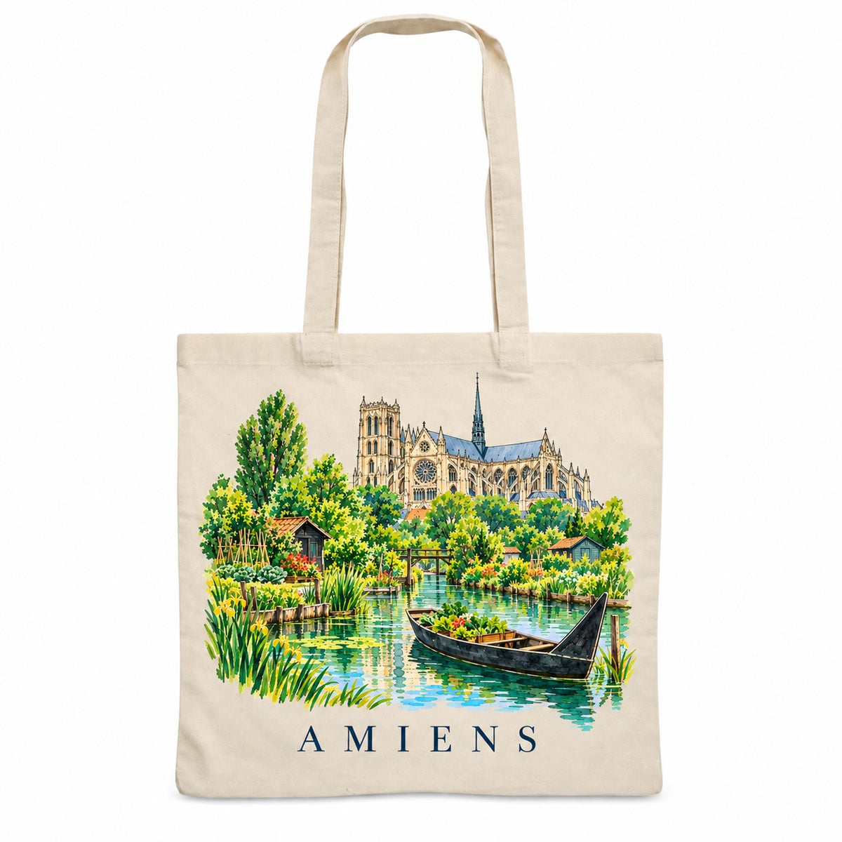 Tote bag Amiens Essentiel, sac plat en coton naturel 140 g/m² de 38 × 42 cm, illustration aquarelle de la cathédrale, des hortillonnages et d'une barque à cornet