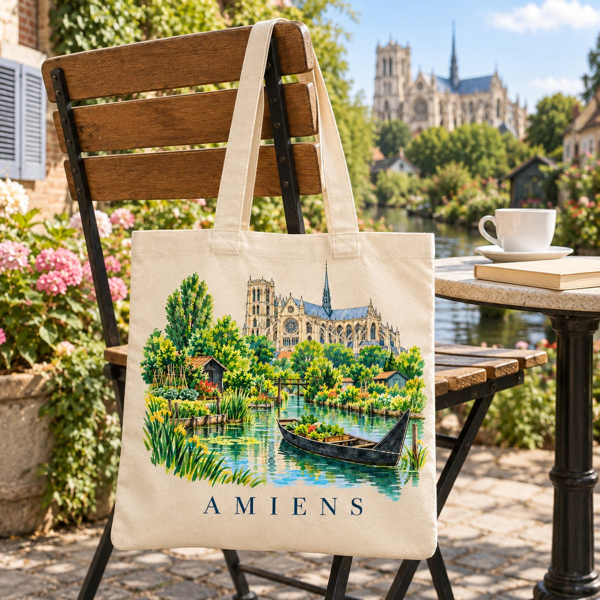 Tote bag Amiens Essentiel suspendu à une chaise en terrasse au bord du canal, avec un café