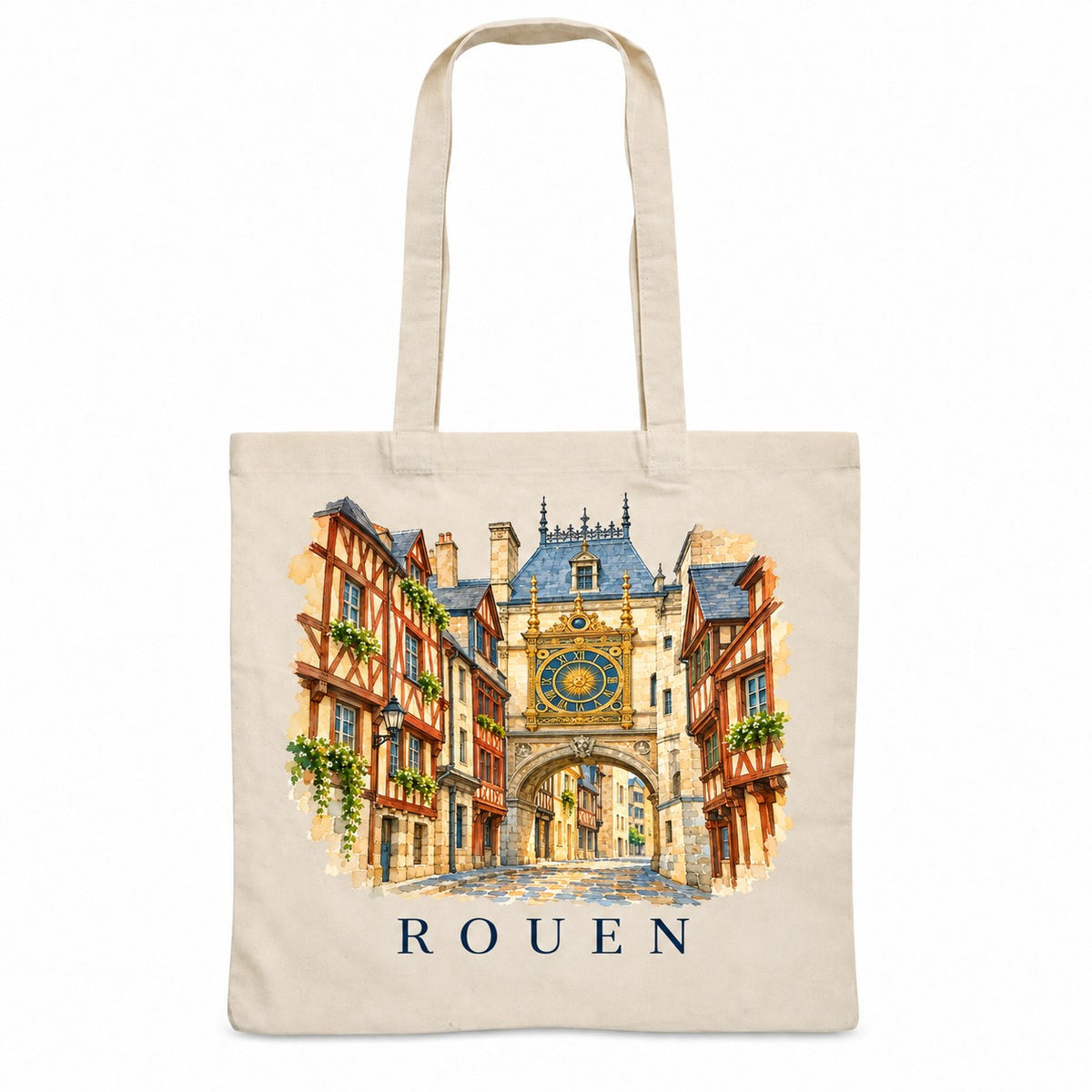 Tote bag Rouen Essentiel, sac plat en coton naturel 140 g/m² de 38 × 42 cm, illustration aquarelle du Gros-Horloge et des maisons à colombages